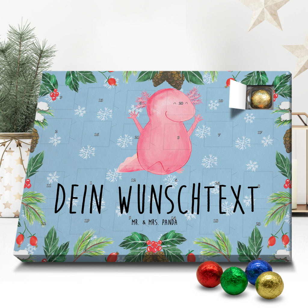 Personalisierter Schoko Adventskalender Axolotl Hurra Personalisierter Adventskalender, Adventskalender mit Namen, Axolotl, Molch, Axolot, Schwanzlurch, Lurch, Lurche, fröhlich, Spaß, Freude, Motivation, Zufriedenheit