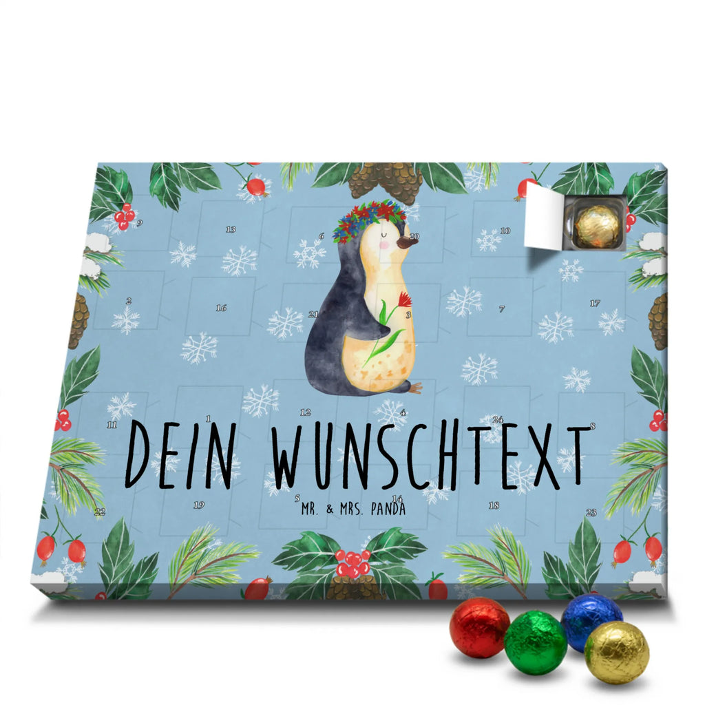 Personalisierter Schoko Adventskalender Pinguin Blumen Personalisierter Adventskalender, Adventskalender mit Namen, Pinguin, Pinguine, Blumenkranz, Universum, Leben, Wünsche, Ziele, Lebensziele, Motivation, Lebenslust, Liebeskummer, Geschenkidee