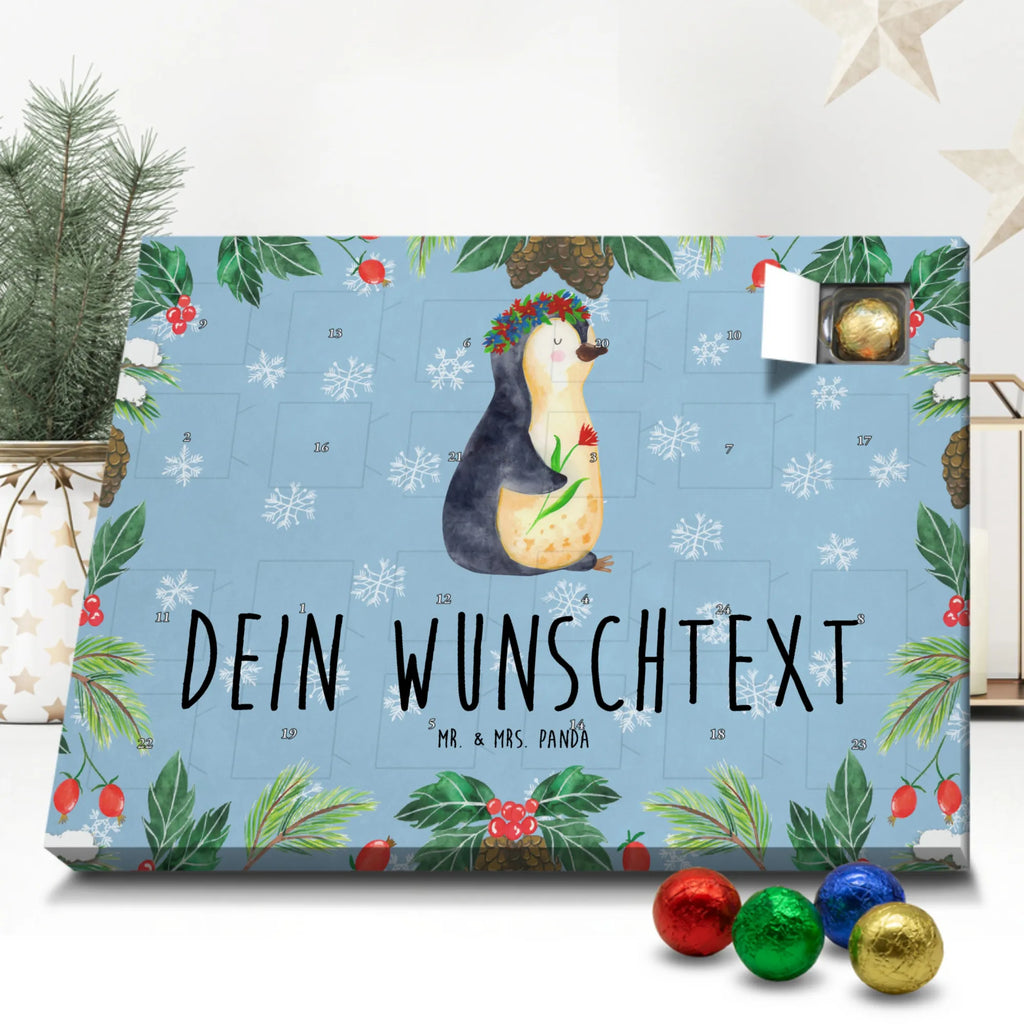 Personalisierter Schoko Adventskalender Pinguin Blumen Personalisierter Adventskalender, Adventskalender mit Namen, Pinguin, Pinguine, Blumenkranz, Universum, Leben, Wünsche, Ziele, Lebensziele, Motivation, Lebenslust, Liebeskummer, Geschenkidee