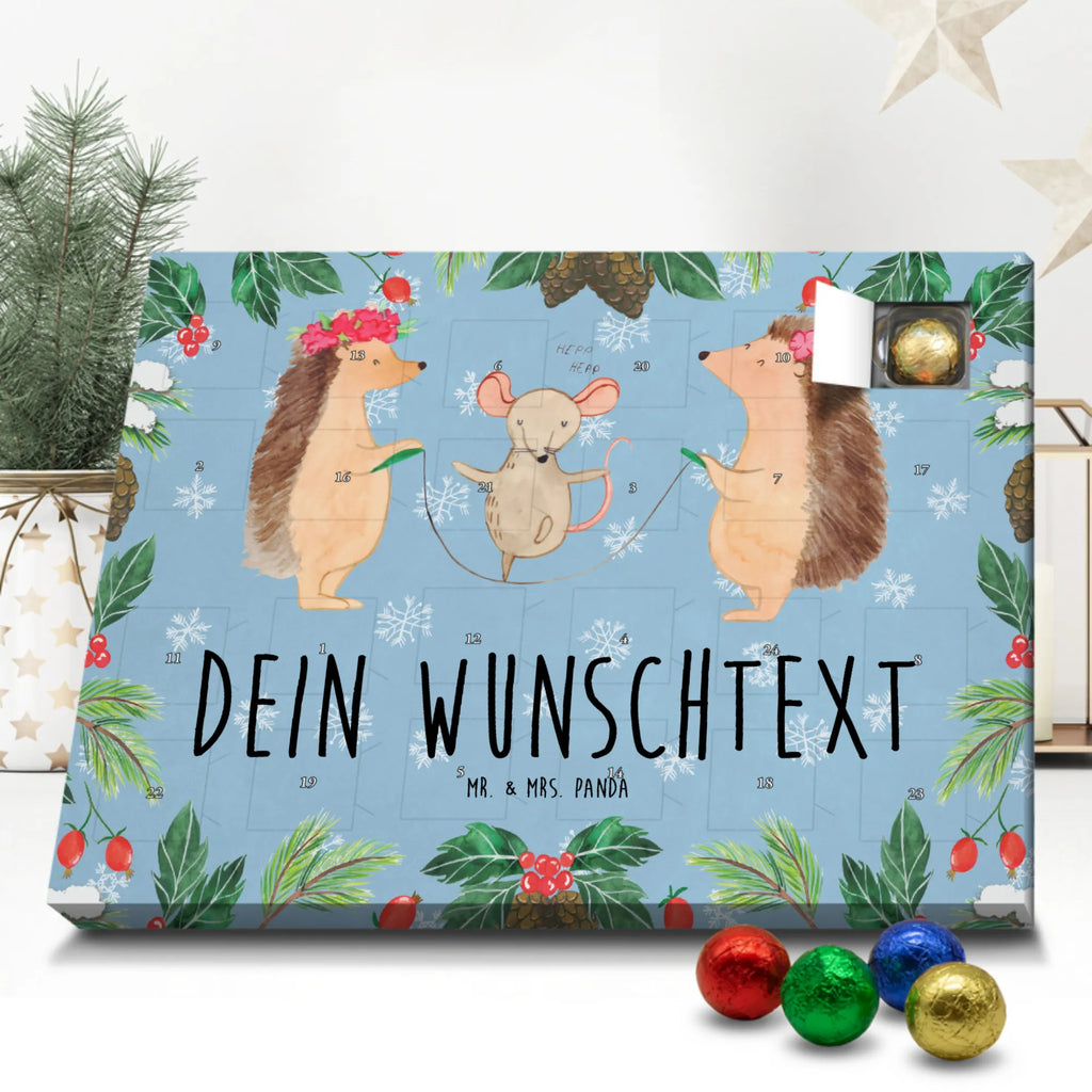 Personalisierter Schoko Adventskalender Igel Seilhüpfen Personalisierter Adventskalender, Adventskalender mit Namen, Tiermotive, Gute Laune, lustige Sprüche, Tiere, Igel, Maus, Seilspringen, Seilhüpfen, Kinder, Kindergarten