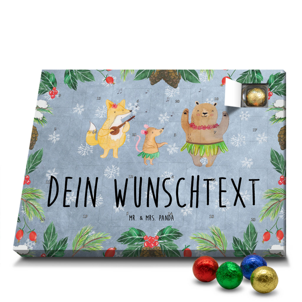 Personalisierter Schoko Adventskalender Waldtiere Aloha Personalisierter Adventskalender, Adventskalender mit Namen, Tiermotive, Gute Laune, lustige Sprüche, Tiere, Wald, Waldtiere, Musik, Aloha, Bär, Hase, Igel, Tanzen, Leben, Lachen