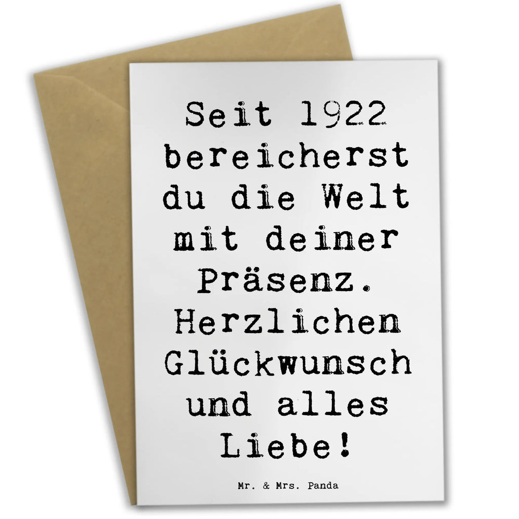 Grußkarte Spruch Seit 1922 bereicherst du die Welt mit deiner Präsenz. Herzlichen Glückwunsch und alles Liebe! Grußkarte, Klappkarte, Einladungskarte, Glückwunschkarte, Hochzeitskarte, Geburtstagskarte, Karte, Ansichtskarten, Geburtstag, Geburtstagsgeschenk, Geschenk