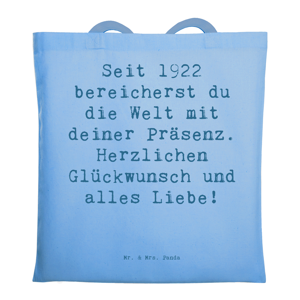 Tragetasche Spruch Seit 1922 bereicherst du die Welt mit deiner Präsenz. Herzlichen Glückwunsch und alles Liebe! Beuteltasche, Beutel, Einkaufstasche, Jutebeutel, Stoffbeutel, Tasche, Shopper, Umhängetasche, Strandtasche, Schultertasche, Stofftasche, Tragetasche, Badetasche, Jutetasche, Einkaufstüte, Laptoptasche, Geburtstag, Geburtstagsgeschenk, Geschenk