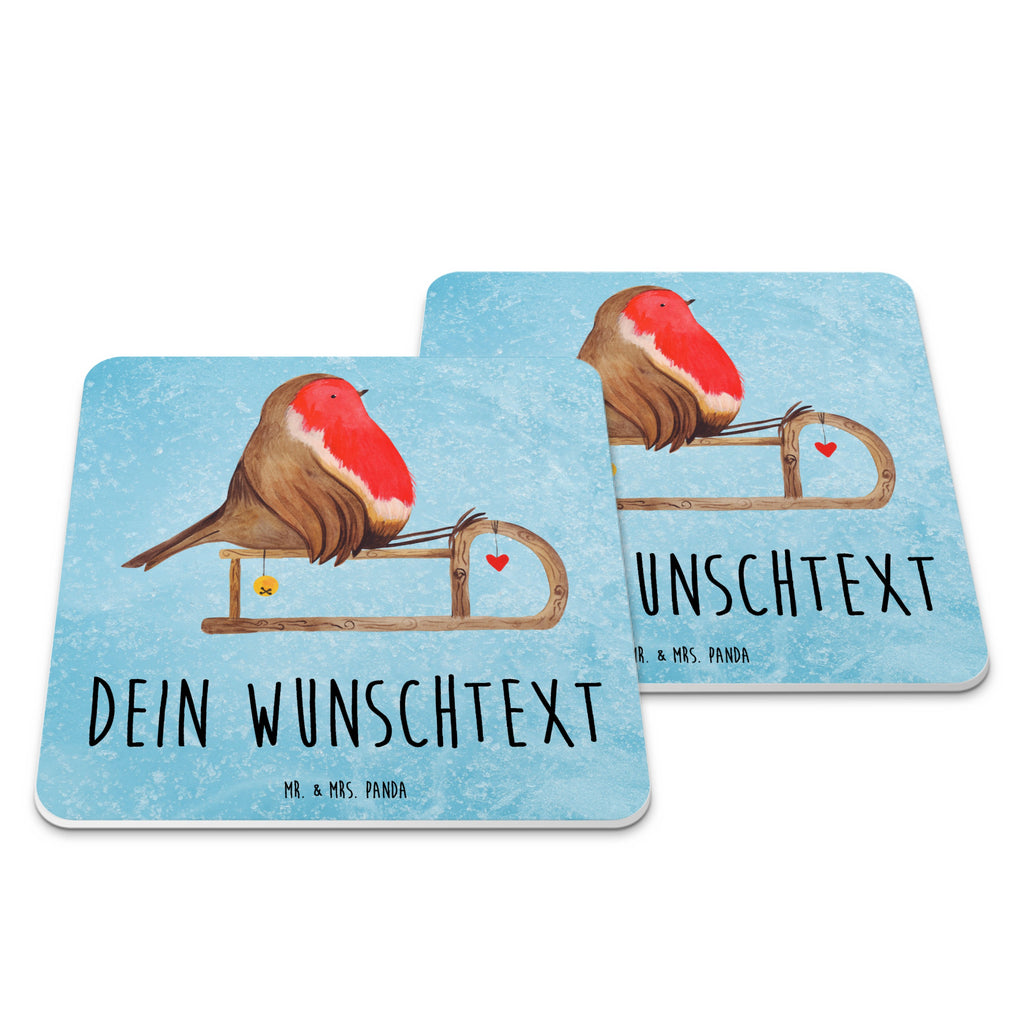 Personalisiertes Untersetzer Set Rotkehlchen Schlitten Personalisierte Untersetzer, Winter, Weihnachten, Weihnachtsdeko, Nikolaus, Advent, Heiligabend, Wintermotiv, Schlitten, Vogel