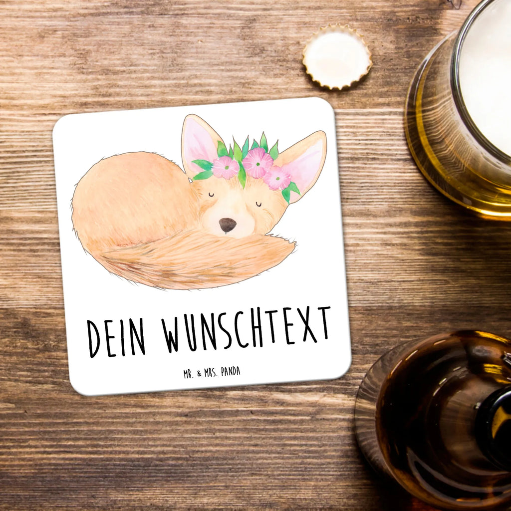 Personalisiertes Untersetzer Set Wüstenfuchs Blumen Personalisierte Untersetzer, Afrika, Wildtiere, Wüste, Wüstenfuchs, Blumen, Blumenkranz, Glücklich