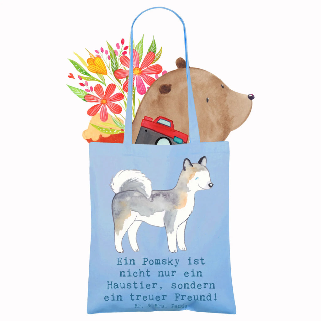 Tragetasche Pomsky Freund Beuteltasche, Beutel, Einkaufstasche, Jutebeutel, Stoffbeutel, Tasche, Shopper, Umhängetasche, Strandtasche, Schultertasche, Stofftasche, Tragetasche, Badetasche, Jutetasche, Einkaufstüte, Laptoptasche, Hund, Hunderasse, Rassehund, Hundebesitzer, Geschenk, Tierfreund, Schenken, Welpe