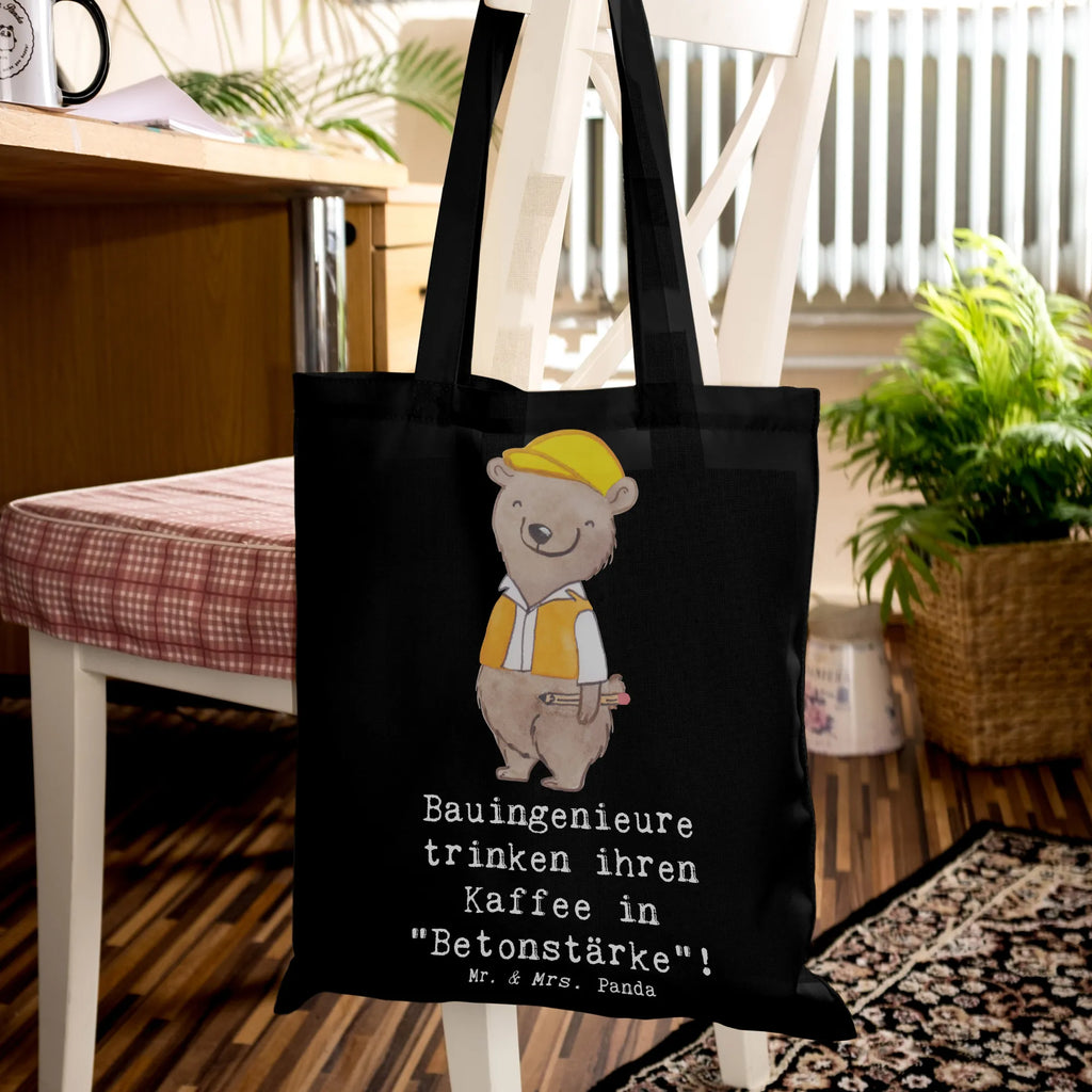 Tragetasche Bauingenieure trinken ihren Kaffee in "Betonstärke"! Beuteltasche, Beutel, Einkaufstasche, Jutebeutel, Stoffbeutel, Tasche, Shopper, Umhängetasche, Strandtasche, Schultertasche, Stofftasche, Tragetasche, Badetasche, Jutetasche, Einkaufstüte, Laptoptasche, Beruf, Ausbildung, Jubiläum, Abschied, Rente, Kollege, Kollegin, Geschenk, Schenken, Arbeitskollege, Mitarbeiter, Firma, Danke, Dankeschön