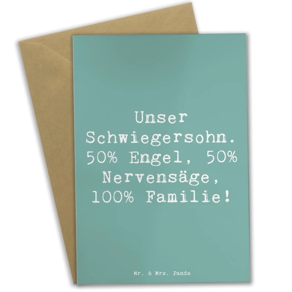 Grußkarte Spruch Unser Schwiegersohn. 50% Engel, 50% Nervensäge, 100% Familie! Grußkarte, Klappkarte, Einladungskarte, Glückwunschkarte, Hochzeitskarte, Geburtstagskarte, Karte, Ansichtskarten, Familie, Vatertag, Muttertag, Bruder, Schwester, Mama, Papa, Oma, Opa