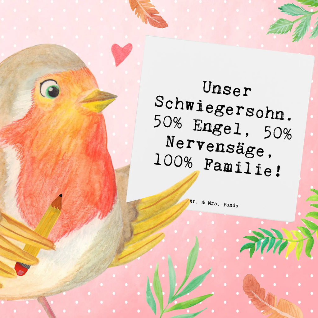 Deluxe Karte Spruch Unser Schwiegersohn. 50% Engel, 50% Nervensäge, 100% Familie! Karte, Grußkarte, Klappkarte, Einladungskarte, Glückwunschkarte, Hochzeitskarte, Geburtstagskarte, Hochwertige Grußkarte, Hochwertige Klappkarte, Familie, Vatertag, Muttertag, Bruder, Schwester, Mama, Papa, Oma, Opa