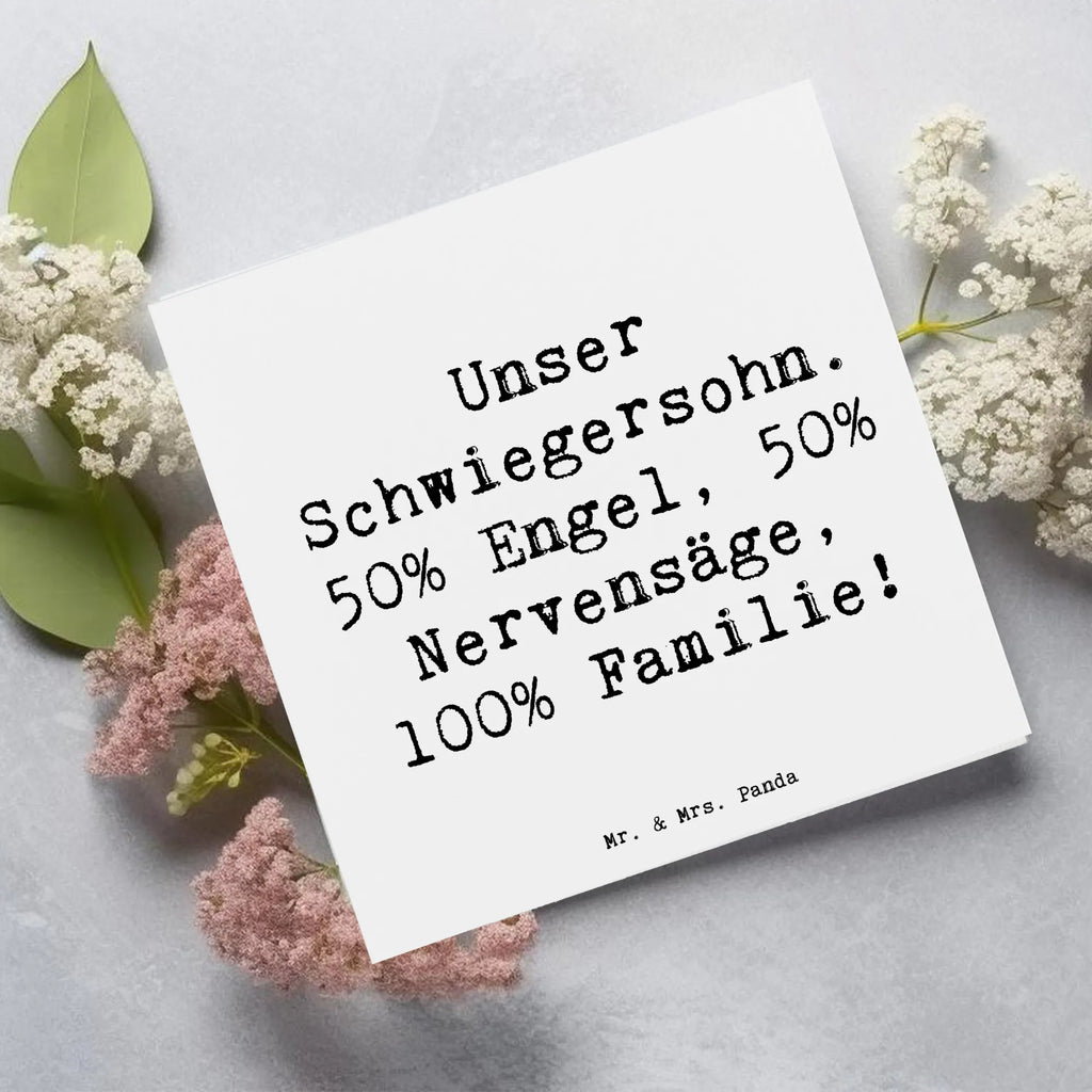 Deluxe Karte Spruch Unser Schwiegersohn. 50% Engel, 50% Nervensäge, 100% Familie! Karte, Grußkarte, Klappkarte, Einladungskarte, Glückwunschkarte, Hochzeitskarte, Geburtstagskarte, Hochwertige Grußkarte, Hochwertige Klappkarte, Familie, Vatertag, Muttertag, Bruder, Schwester, Mama, Papa, Oma, Opa