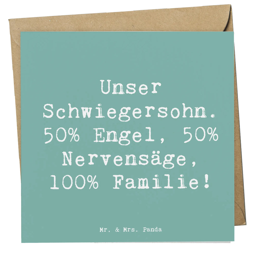 Deluxe Karte Spruch Unser Schwiegersohn. 50% Engel, 50% Nervensäge, 100% Familie! Karte, Grußkarte, Klappkarte, Einladungskarte, Glückwunschkarte, Hochzeitskarte, Geburtstagskarte, Hochwertige Grußkarte, Hochwertige Klappkarte, Familie, Vatertag, Muttertag, Bruder, Schwester, Mama, Papa, Oma, Opa