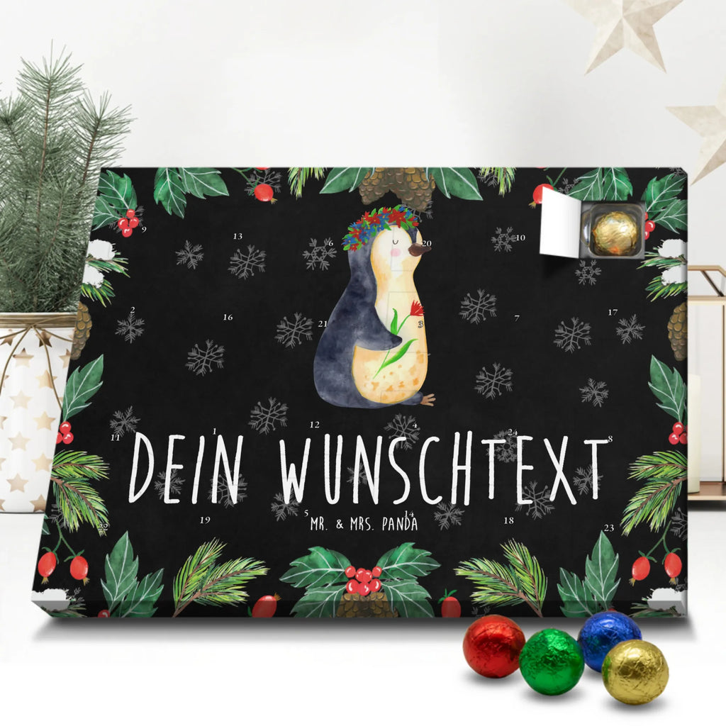 Personalisierter Schoko Adventskalender Pinguin Blumen Personalisierter Adventskalender, Adventskalender mit Namen, Pinguin, Pinguine, Blumenkranz, Universum, Leben, Wünsche, Ziele, Lebensziele, Motivation, Lebenslust, Liebeskummer, Geschenkidee