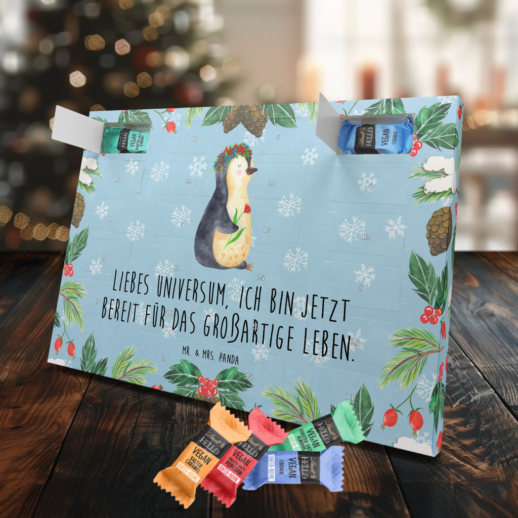 Veganer Adventskalender Pinguin Blumen Schokoladen Adventskalender, Pinguin, Pinguine, Blumenkranz, Universum, Leben, Wünsche, Ziele, Lebensziele, Motivation, Lebenslust, Liebeskummer, Geschenkidee