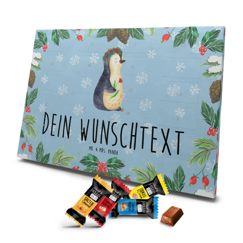 Personalisierter Markenschokolade Adventskalender Pinguin Blumen Personalisierter Adventskalender, Pinguin, Pinguine, Blumenkranz, Universum, Leben, Wünsche, Ziele, Lebensziele, Motivation, Lebenslust, Liebeskummer, Geschenkidee