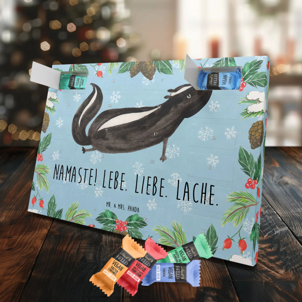 Veganer Adventskalender Stinktier Yoga Schokoladen Adventskalender, Stinktier, Skunk, Wildtier, Raubtier, Stinker, Stinki, Yoga, Namaste, Lebe, Liebe, Lache