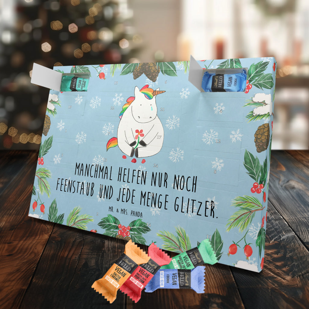 Veganer Adventskalender Einhorn Traurig Schokoladen Adventskalender, Einhorn, Einhörner, Einhorn Deko, Pegasus, Unicorn, Glitzer, Trösten. Freundschaft, Freunde, Liebe, Trauer, Grußkarte, Blume