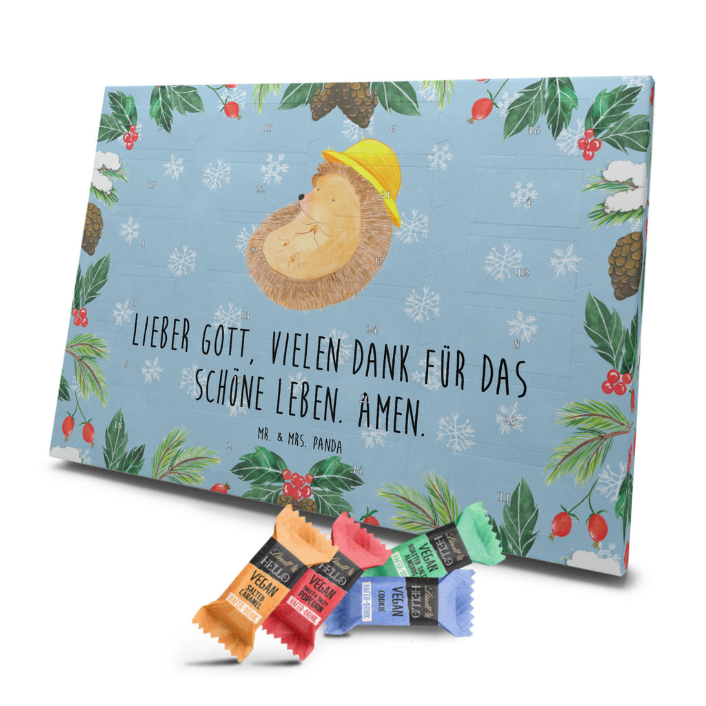 Veganer Adventskalender Igel Beten Schokoladen Adventskalender, Tiermotive, Gute Laune, lustige Sprüche, Tiere, Igel, Igel mit Hut, Sonnenhut, Gott, Amen, beten, Leben, Dankbarkeit, Dankbar sein, dankbar, genießen