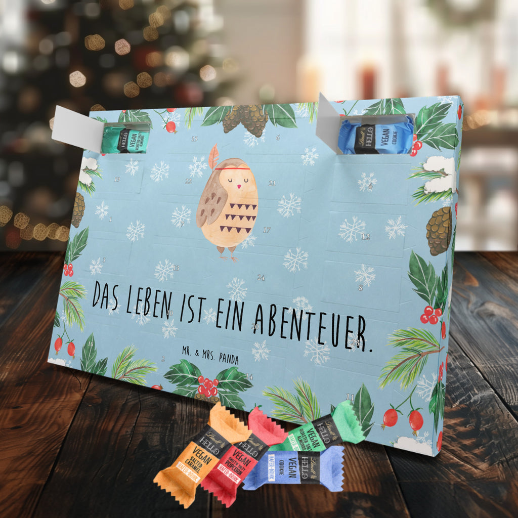 Veganer Adventskalender Eule Federschmuck Schokoladen Adventskalender, Eule, Eule Deko, Owl, Das Leben ist ein Abenteuer, Reisespruch, Federschmuck, Dekoration