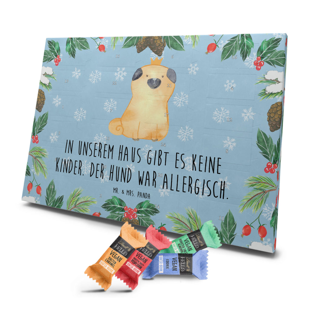 Veganer Adventskalender Mops Krone Schokoladen Adventskalender, Hund, Hundemotiv, Haustier, Hunderasse, Tierliebhaber, Hundebesitzer, Sprüche, Mops, allergisch, kinderlos, Hausregel, Hundebesitzer. Spruch, lustig