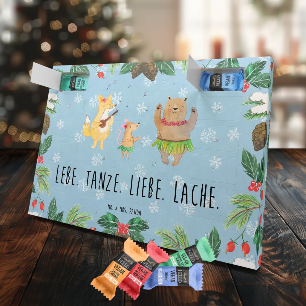 Veganer Adventskalender Waldtiere Aloha Schokoladen Adventskalender, Tiermotive, Gute Laune, lustige Sprüche, Tiere, Wald, Waldtiere, Musik, Aloha, Bär, Hase, Igel, Tanzen, Leben, Lachen