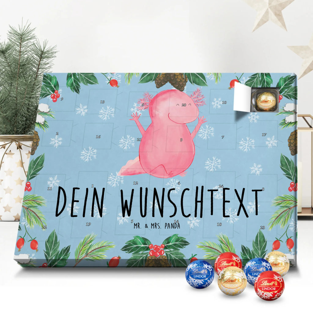 Personalisierter Kugel Markenschokolade Adventskalender Axolotl Hurra Personalisierter Kugel Markenschokolade Adventskalender, Axolotl, Molch, Axolot, Schwanzlurch, Lurch, Lurche, fröhlich, Spaß, Freude, Motivation, Zufriedenheit