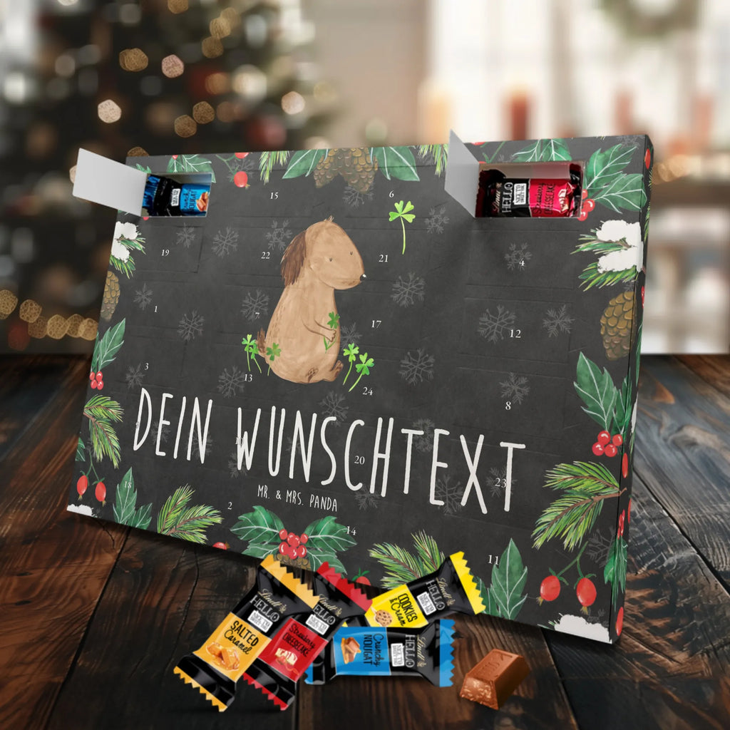 Personalisierter Markenschokolade Adventskalender Hund Kleeblatt Personalisierter Adventskalender, Hund, Hundemotiv, Haustier, Hunderasse, Tierliebhaber, Hundebesitzer, Sprüche, Kleeblatt, Glück, Tagträume, Motivation, Neuanfang, Geschenk, Glücksbringer, Selbstliebe, Achtsamkeit