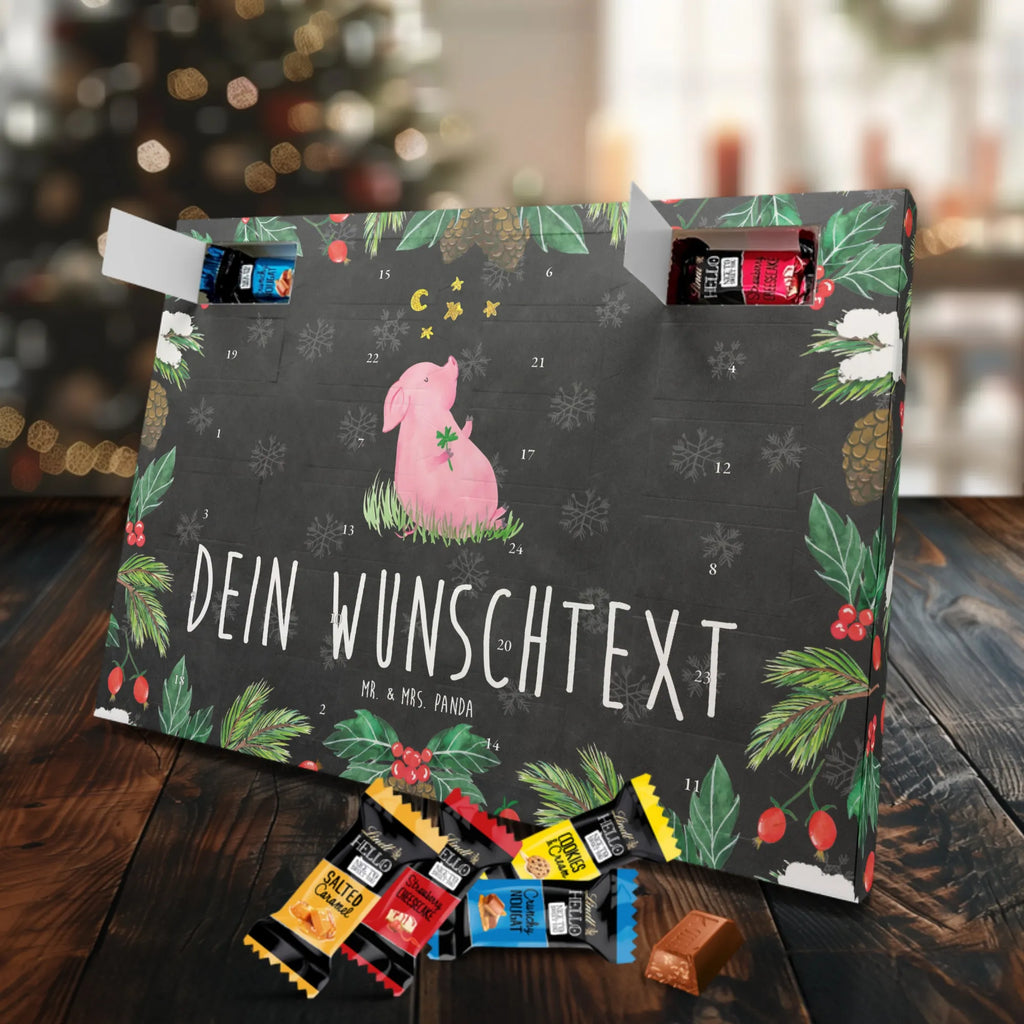 Personalisierter Markenschokolade Adventskalender Schwein Glück Personalisierter Adventskalender, Tiermotive, Gute Laune, lustige Sprüche, Tiere, Glücksschwein. Glück, Schwein, Schweinchen, Sterne, Sernchen, Ziele, Träume, Motivation, Glücksbringer