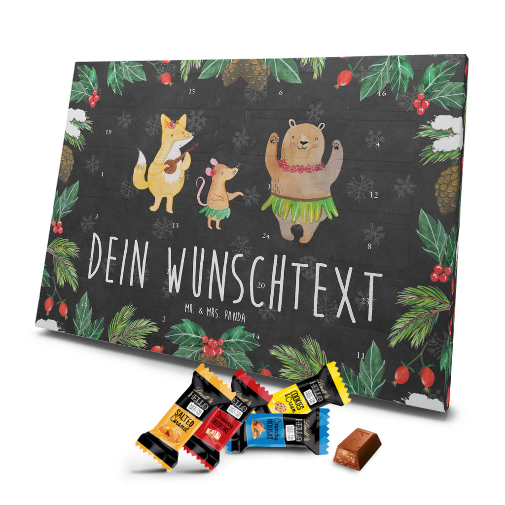 Personalisierter Markenschokolade Adventskalender Waldtiere Aloha Personalisierter Adventskalender, Tiermotive, Gute Laune, lustige Sprüche, Tiere, Wald, Waldtiere, Musik, Aloha, Bär, Hase, Igel, Tanzen, Leben, Lachen