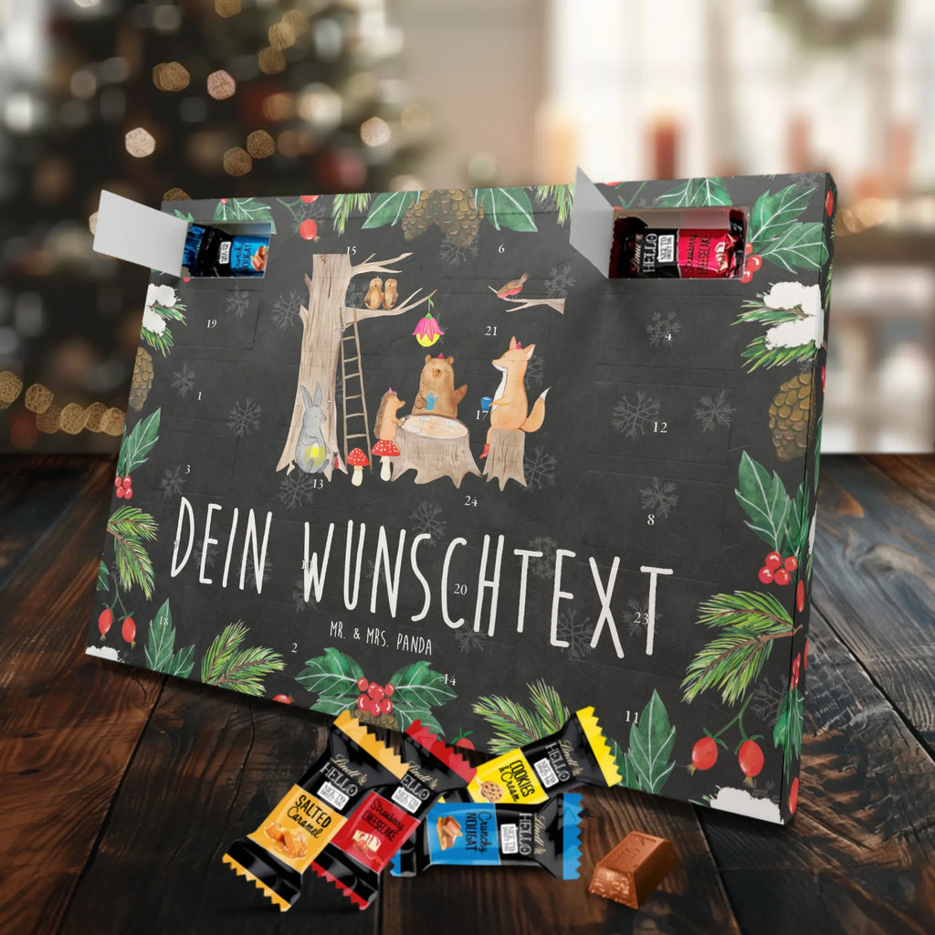 Personalisierter Markenschokolade Adventskalender Waldtiere Picknick Personalisierter Adventskalender, Tiermotive, Gute Laune, lustige Sprüche, Tiere, Waldtiere, Picknick, Wald, Fuchs, Hase, Igel, Maus, Eichhörnchen