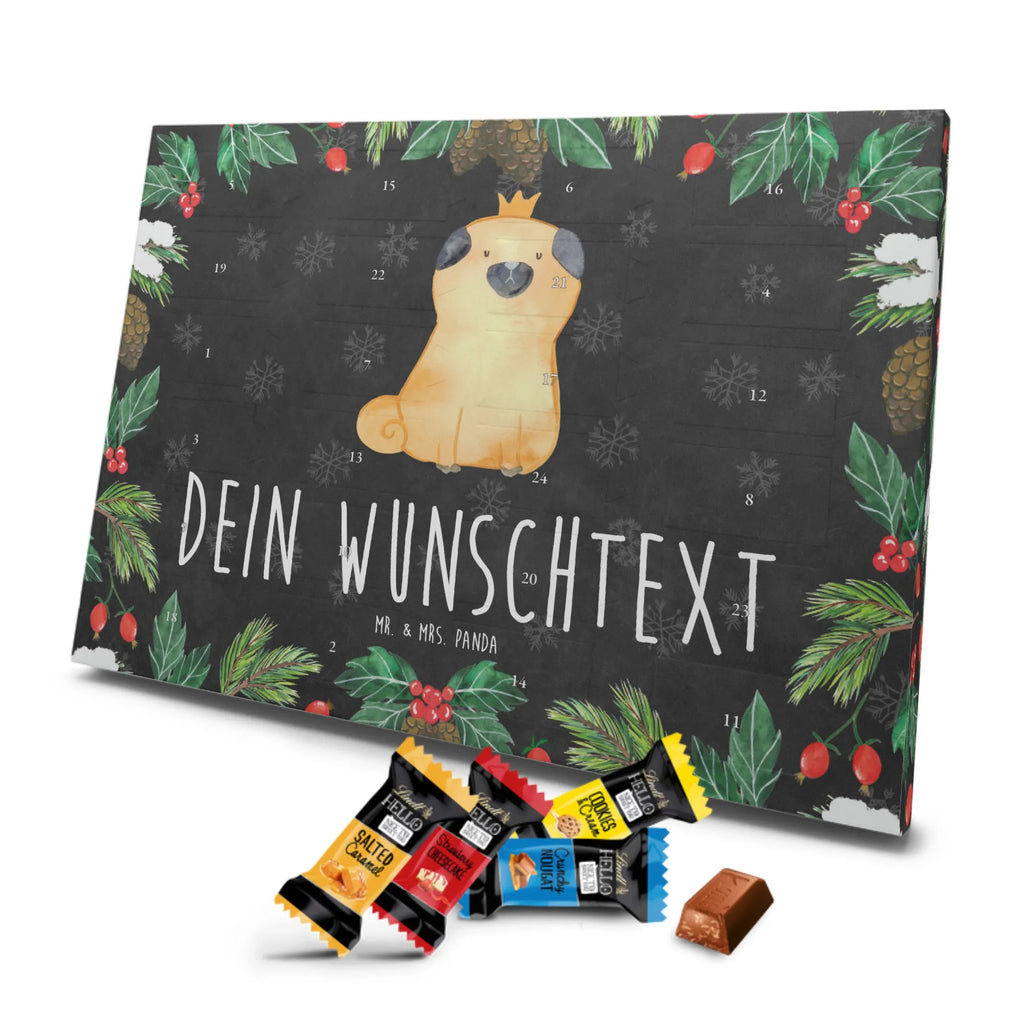 Personalisierter Markenschokolade Adventskalender Mops Krone Personalisierter Adventskalender, Hund, Hundemotiv, Haustier, Hunderasse, Tierliebhaber, Hundebesitzer, Sprüche, Mops, allergisch, kinderlos, Hausregel, Hundebesitzer. Spruch, lustig