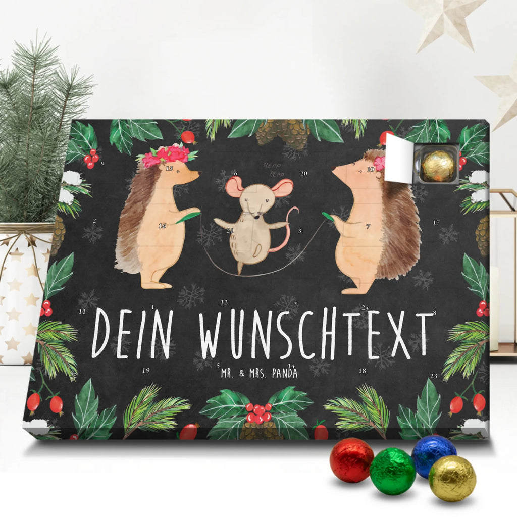 Personalisierter Schoko Adventskalender Igel Seilhüpfen Personalisierter Adventskalender, Adventskalender mit Namen, Tiermotive, Gute Laune, lustige Sprüche, Tiere, Igel, Maus, Seilspringen, Seilhüpfen, Kinder, Kindergarten