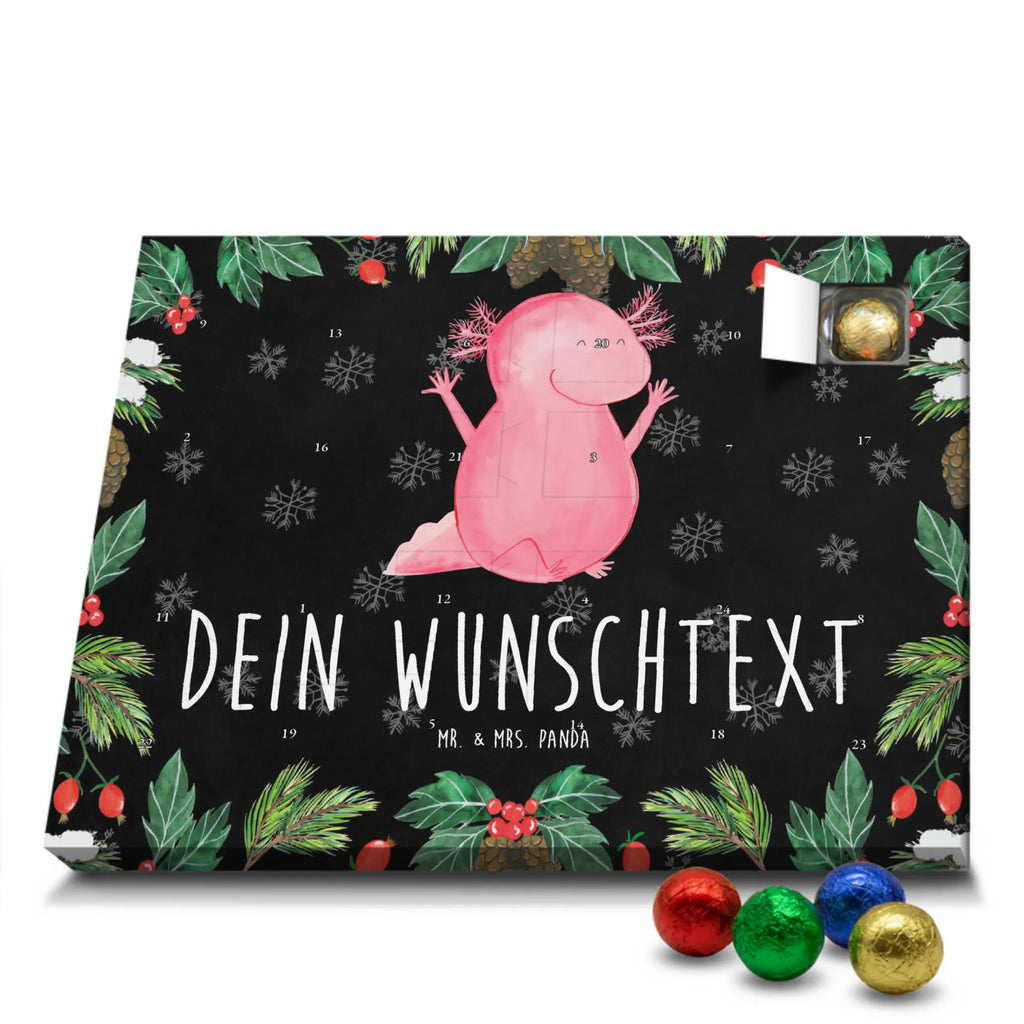 Personalisierter Schoko Adventskalender Axolotl Hurra Personalisierter Adventskalender, Adventskalender mit Namen, Axolotl, Molch, Axolot, Schwanzlurch, Lurch, Lurche, fröhlich, Spaß, Freude, Motivation, Zufriedenheit