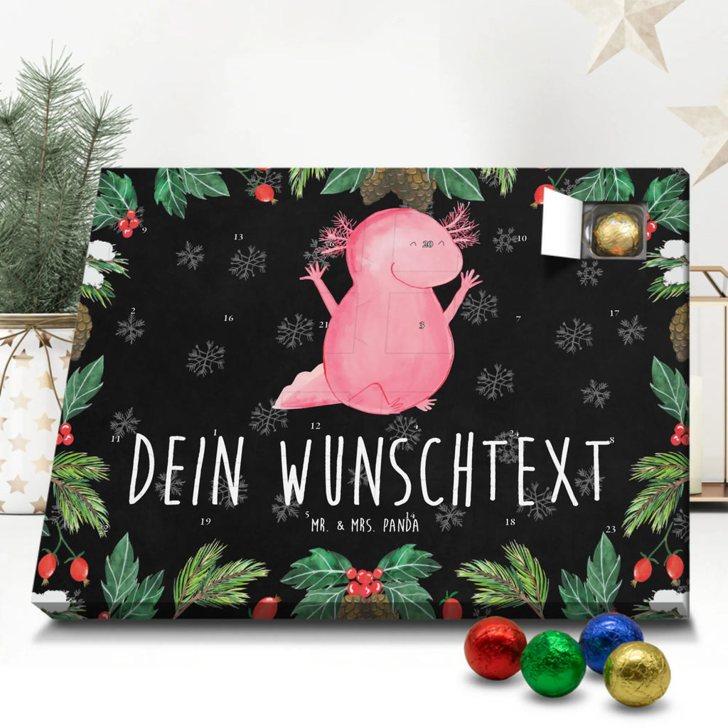 Personalisierter Schoko Adventskalender Axolotl Hurra Personalisierter Adventskalender, Adventskalender mit Namen, Axolotl, Molch, Axolot, Schwanzlurch, Lurch, Lurche, fröhlich, Spaß, Freude, Motivation, Zufriedenheit