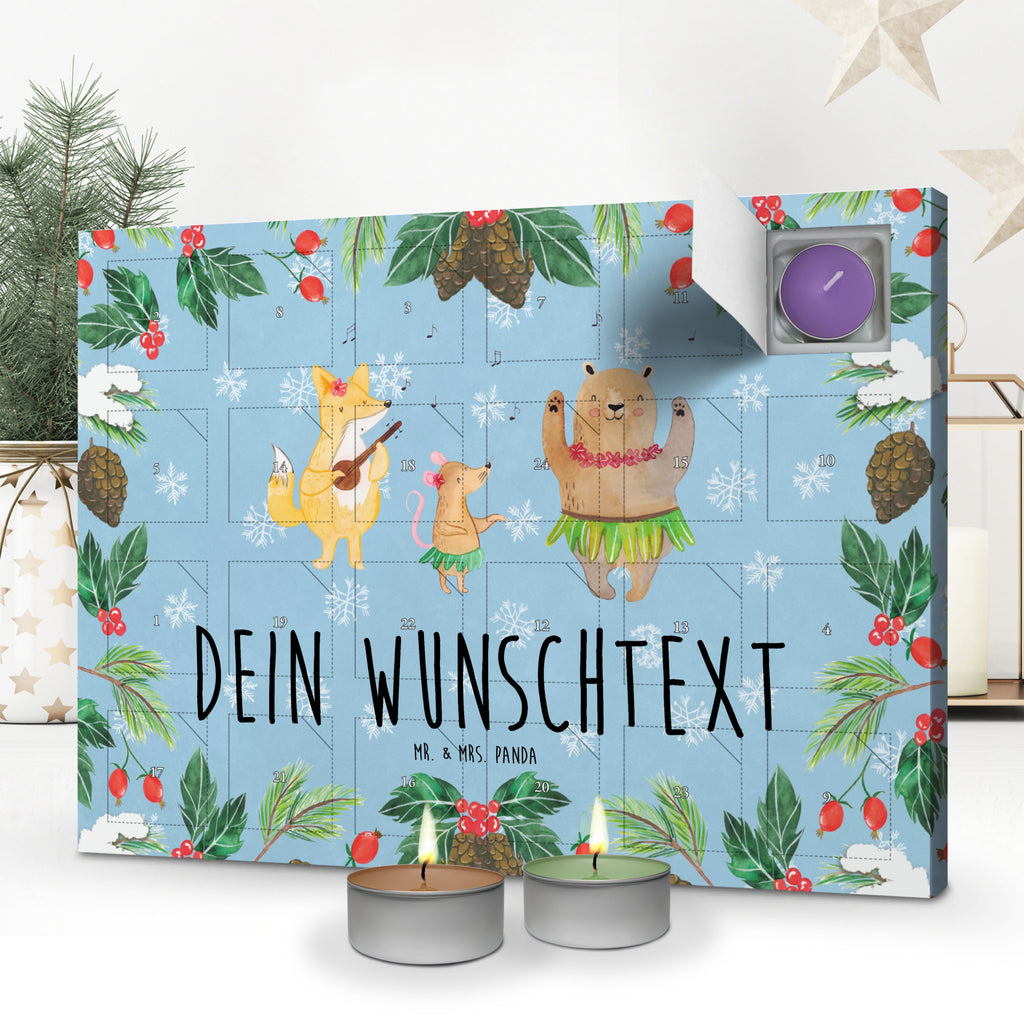 Personalisierter Duftkerzen Adventskalender Waldtiere Aloha Personalisierter Duftkerzen Adventskalender, Tiermotive, Gute Laune, lustige Sprüche, Tiere, Wald, Waldtiere, Musik, Aloha, Bär, Hase, Igel, Tanzen, Leben, Lachen