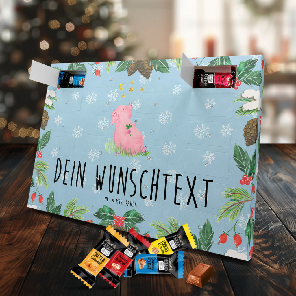 Personalisierter Markenschokolade Adventskalender Schwein Glück Personalisierter Adventskalender, Tiermotive, Gute Laune, lustige Sprüche, Tiere, Glücksschwein. Glück, Schwein, Schweinchen, Sterne, Sernchen, Ziele, Träume, Motivation, Glücksbringer