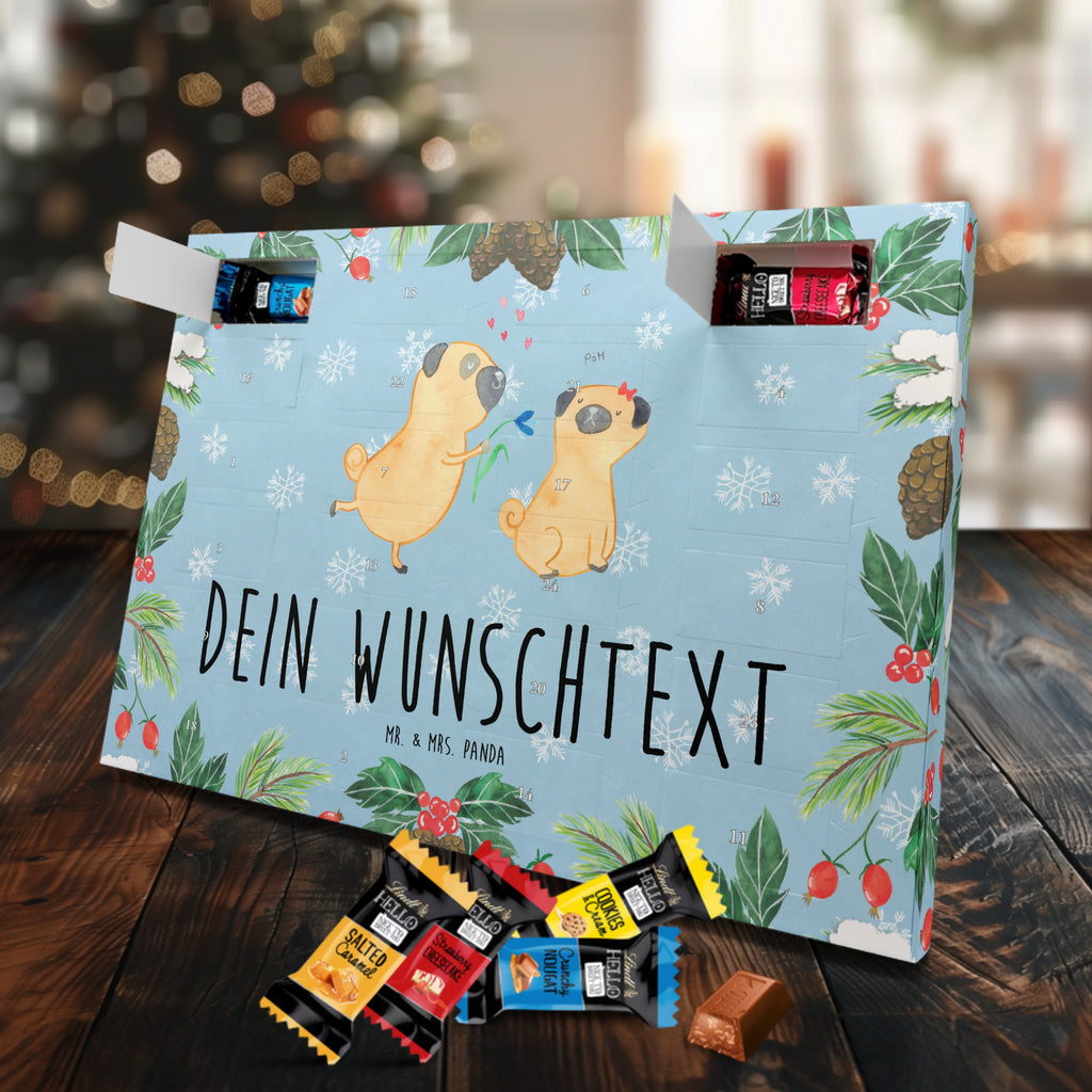 Personalisierter Markenschokolade Adventskalender Mops Verliebt Personalisierter Adventskalender, Hund, Hundemotiv, Haustier, Hunderasse, Tierliebhaber, Hundebesitzer, Sprüche, Mops, Möpse, Hundeliebe, verliebt, Liebe, Liebesspruch. Verlobt, Geschenk Freund, Partner