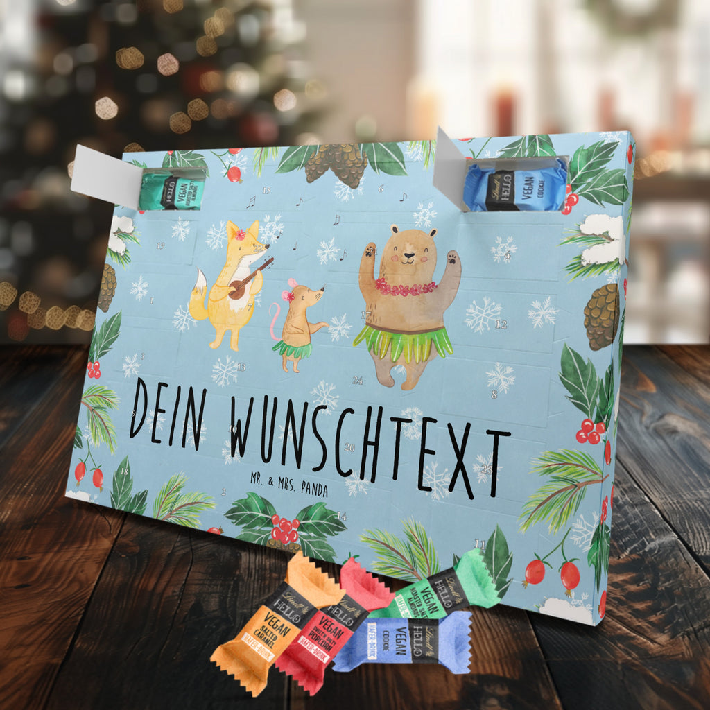 Personalisierter veganer Adventskalender Waldtiere Aloha Personalisierter veganer Adventskalender, Tiermotive, Gute Laune, lustige Sprüche, Tiere, Wald, Waldtiere, Musik, Aloha, Bär, Hase, Igel, Tanzen, Leben, Lachen