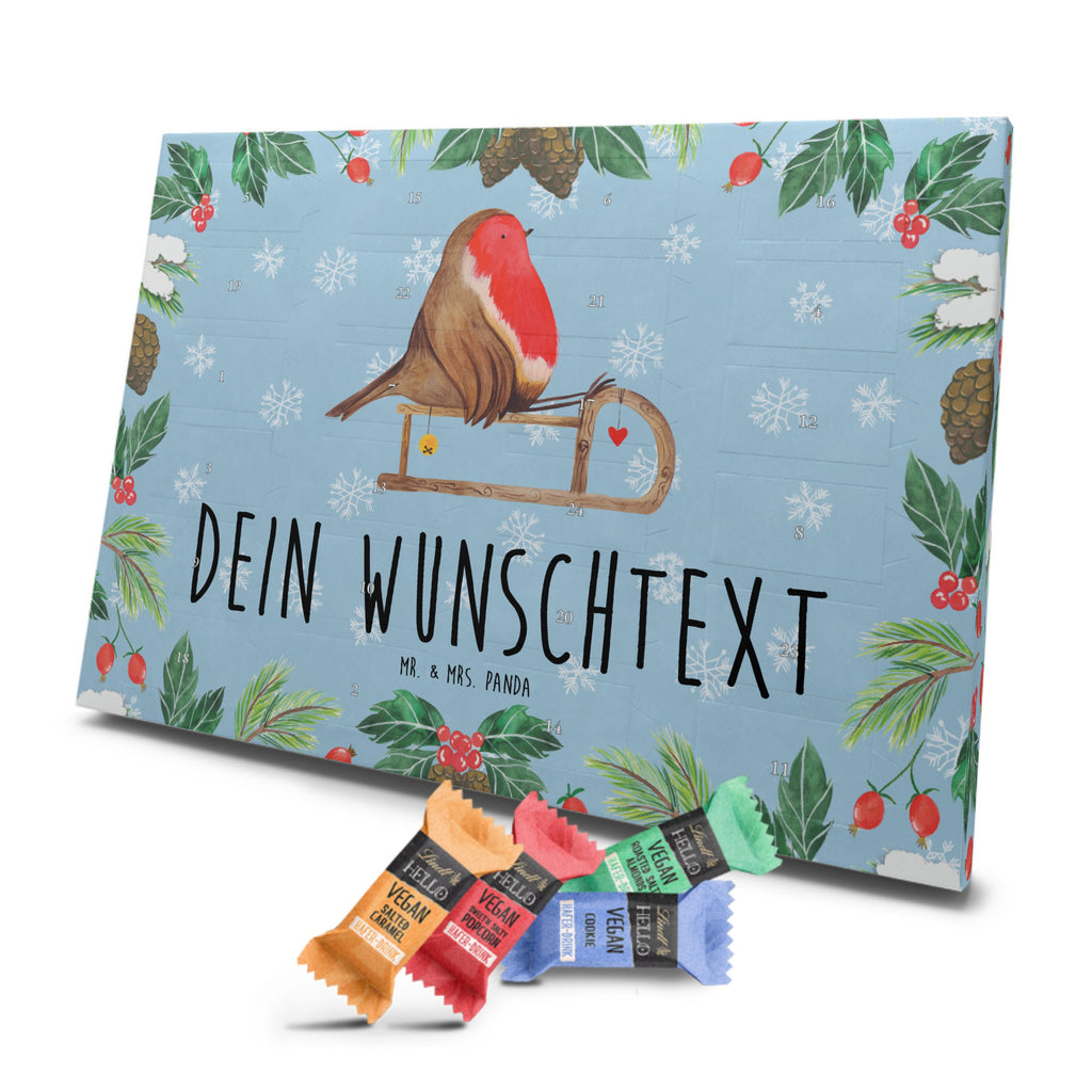 Personalisierter veganer Adventskalender Rotkehlchen Schlitten Personalisierter veganer Adventskalender, Winter, Weihnachten, Weihnachtsdeko, Nikolaus, Advent, Heiligabend, Wintermotiv, Schlitten, Vogel