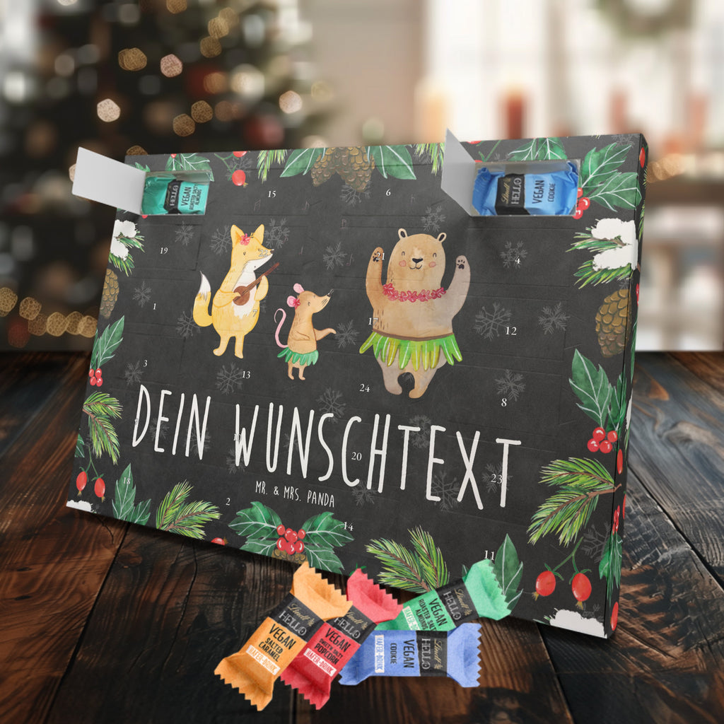 Personalisierter veganer Adventskalender Waldtiere Aloha Personalisierter veganer Adventskalender, Tiermotive, Gute Laune, lustige Sprüche, Tiere, Wald, Waldtiere, Musik, Aloha, Bär, Hase, Igel, Tanzen, Leben, Lachen