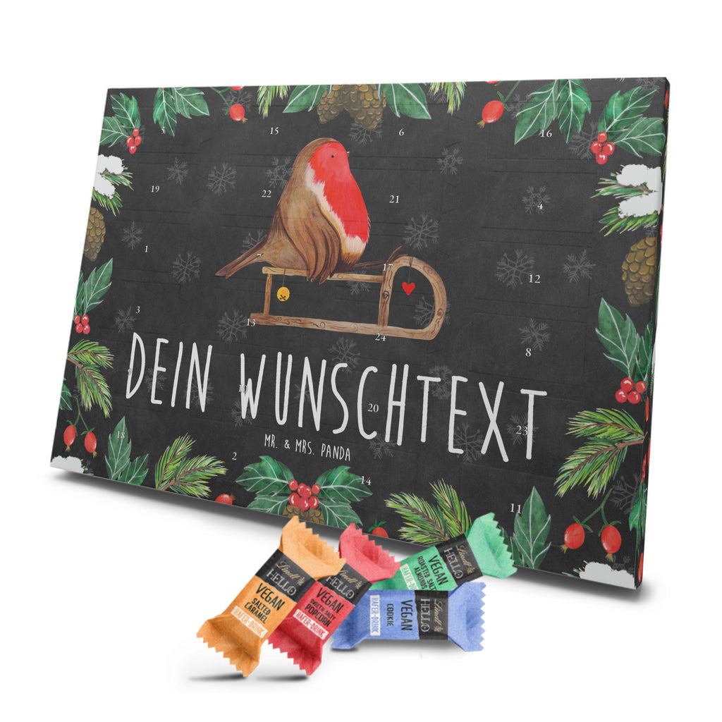 Personalisierter veganer Adventskalender Rotkehlchen Schlitten Personalisierter veganer Adventskalender, Winter, Weihnachten, Weihnachtsdeko, Nikolaus, Advent, Heiligabend, Wintermotiv, Schlitten, Vogel