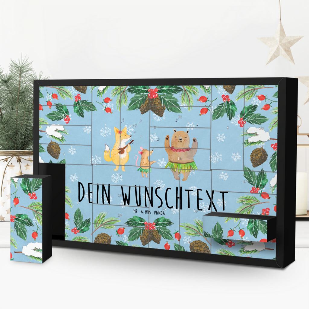 Personalisierter Befüllbarer Adventskalender Waldtiere Aloha Befüllbarer Adventskalender, Adventskalender zum selbst befüllen, Tiermotive, Gute Laune, lustige Sprüche, Tiere, Wald, Waldtiere, Musik, Aloha, Bär, Hase, Igel, Tanzen, Leben, Lachen