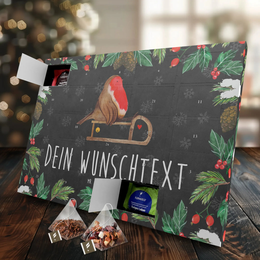 Personalisierter Tee Adventskalender Rotkehlchen Schlitten Personalisierter Tee Adventskalender, Winter, Weihnachten, Weihnachtsdeko, Nikolaus, Advent, Heiligabend, Wintermotiv, Schlitten, Vogel