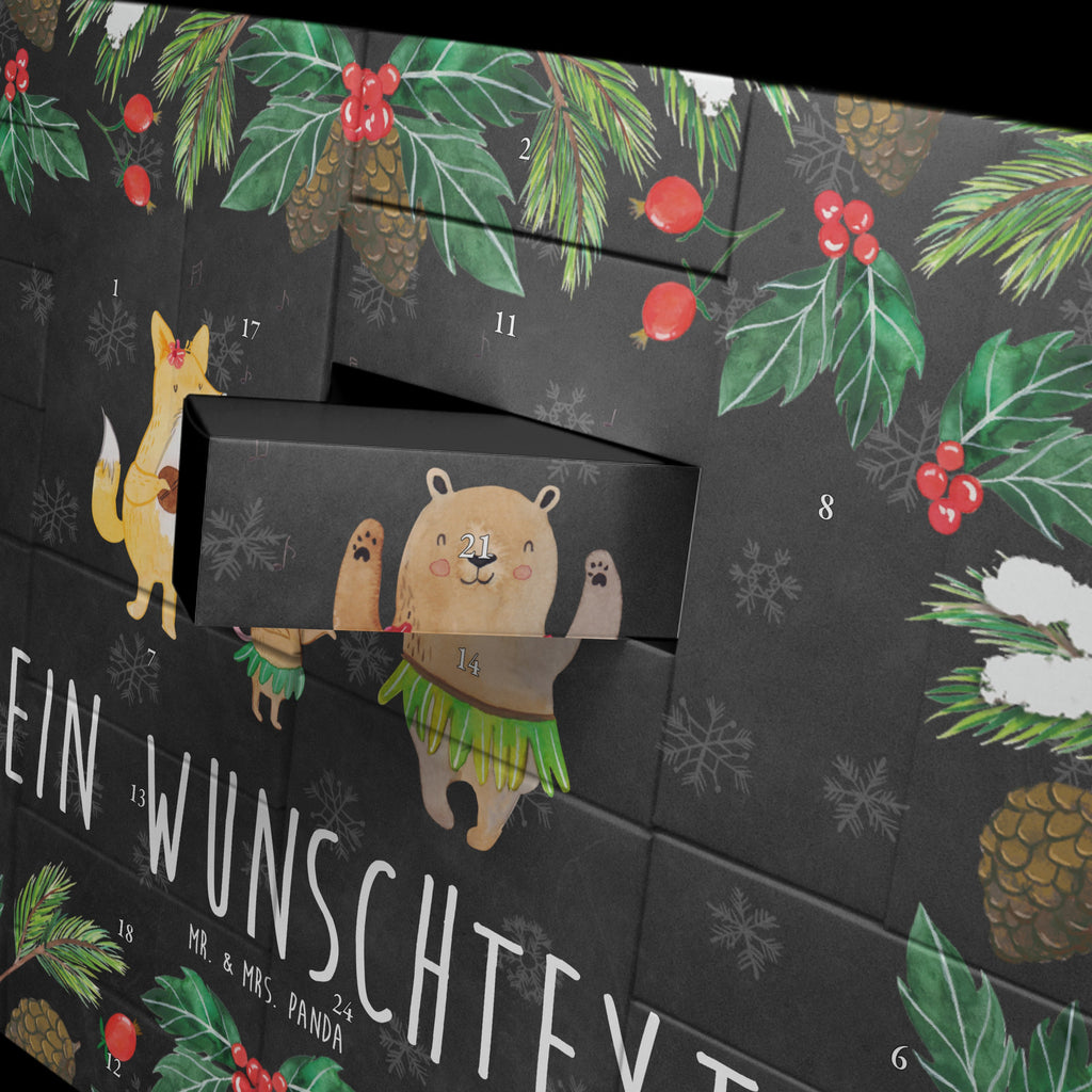 Personalisierter Befüllbarer Adventskalender Waldtiere Aloha Befüllbarer Adventskalender, Adventskalender zum selbst befüllen, Tiermotive, Gute Laune, lustige Sprüche, Tiere, Wald, Waldtiere, Musik, Aloha, Bär, Hase, Igel, Tanzen, Leben, Lachen