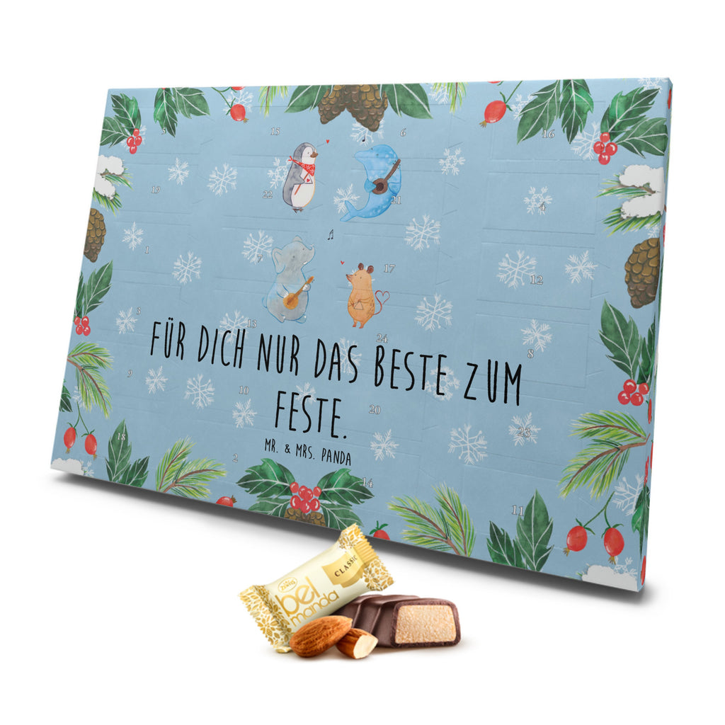 Marzipan Adventskalender Big Band Marzipan Adventskalender, Tiermotive, Gute Laune, lustige Sprüche, Tiere, Hund, Pinguin, Maus, Elefant, Delfin, Gitarre, Band, Triangel, Musikanten, Musik