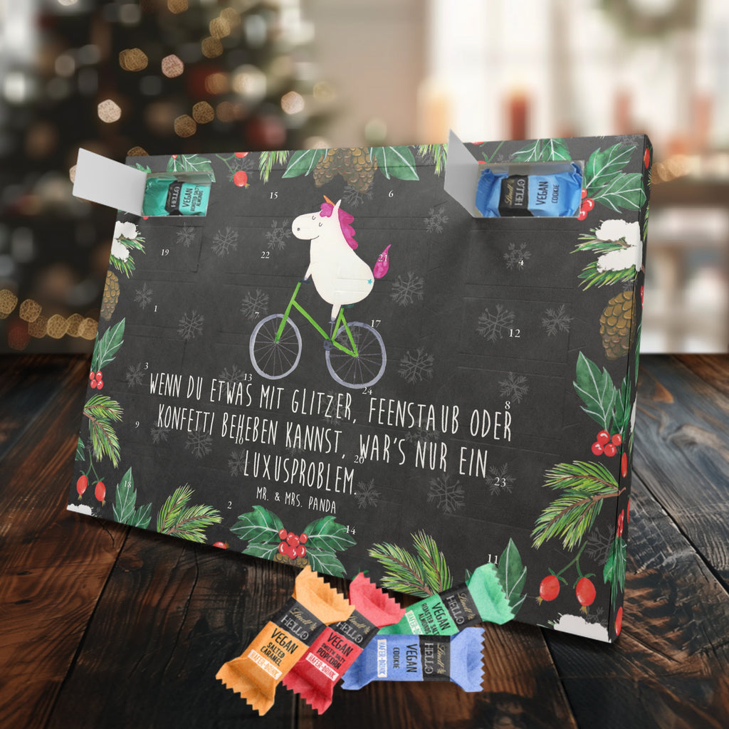 Veganer Adventskalender Einhorn Radfahrer Schokoladen Adventskalender, Einhorn, Einhörner, Einhorn Deko, Pegasus, Unicorn, Radfahren, Radfahrer, Rad, Bike, Feenstaub, Konfetti, Luxusproblem, Kummer, Liebeskummer