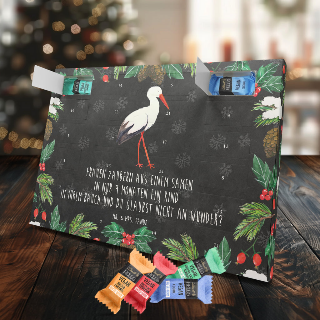 Veganer Adventskalender Storch Schokoladen Adventskalender, Tiermotive, Gute Laune, lustige Sprüche, Tiere, Storch, Störche, Schwangerschaft, Geburt, Mutter, Mütter, Mutter werden, Schwanger, Babybauch, Baby