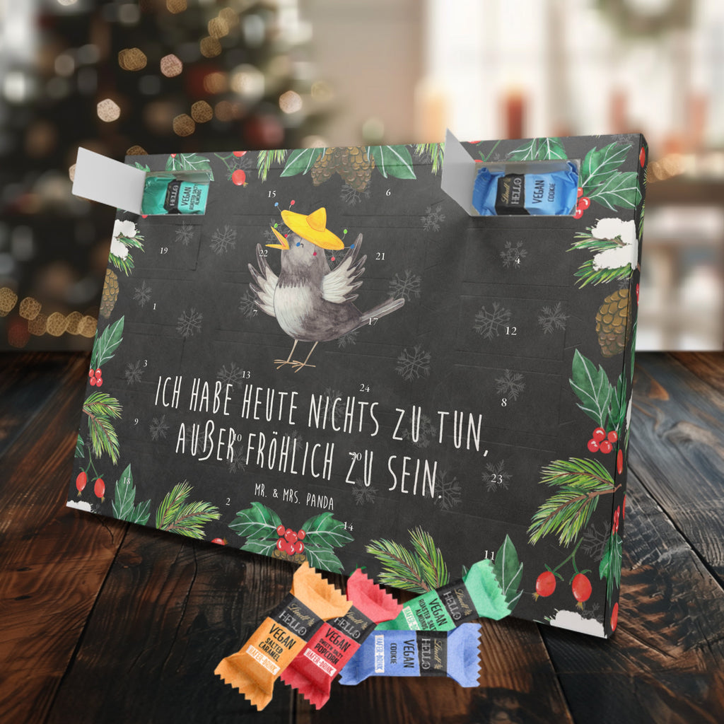 Veganer Adventskalender Rabe Sombrero Schokoladen Adventskalender, Tiermotive, Gute Laune, lustige Sprüche, Tiere, Rabe, Vogel, Vögel, Spruch positiv, fröhlich sein, glücklich sein, Glück Spruch, froh, Elster, Motivation