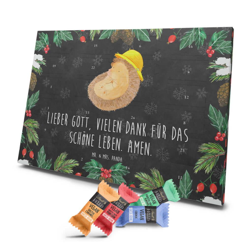 Veganer Adventskalender Igel Beten Schokoladen Adventskalender, Tiermotive, Gute Laune, lustige Sprüche, Tiere, Igel, Igel mit Hut, Sonnenhut, Gott, Amen, beten, Leben, Dankbarkeit, Dankbar sein, dankbar, genießen