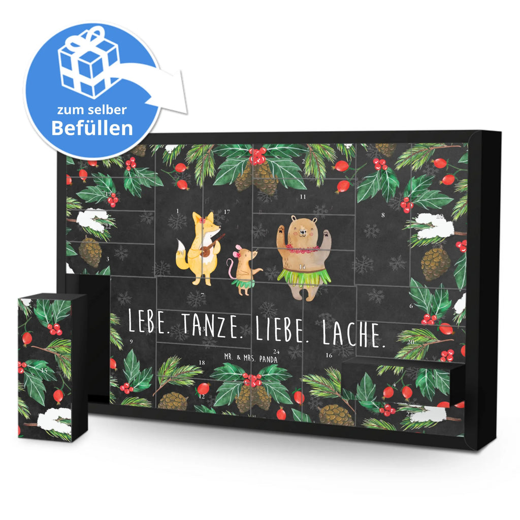 Befüllbarer Adventskalender Waldtiere Aloha Befüllbarer Adventskalender, Adventskalender zum selbst befüllen, Tiermotive, Gute Laune, lustige Sprüche, Tiere, Wald, Waldtiere, Musik, Aloha, Bär, Hase, Igel, Tanzen, Leben, Lachen