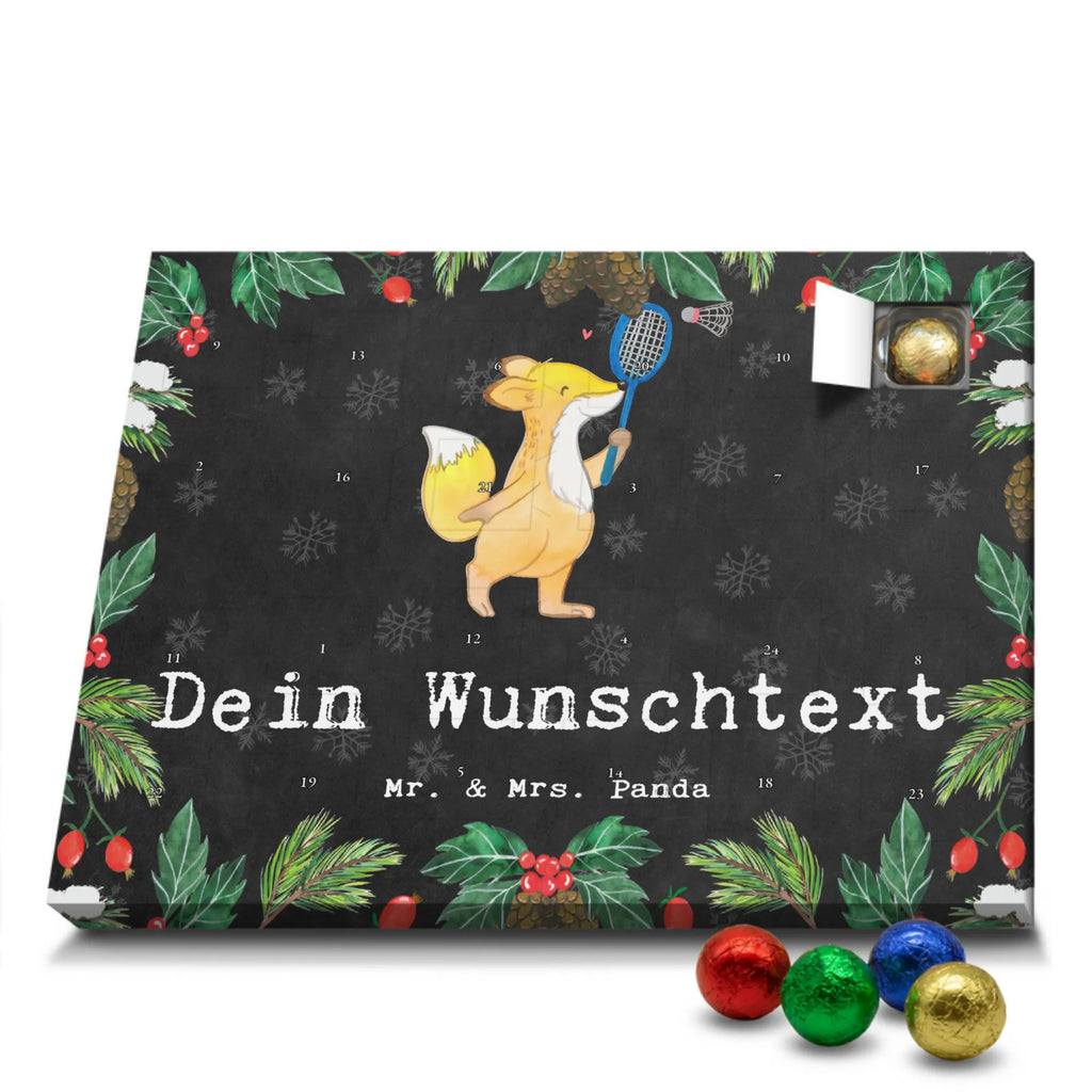 Personalisierter Schoko Adventskalender Fuchs Federball spielen Personalisierter Adventskalender, Adventskalender mit Namen, Geschenk, Sport, Sportart, Hobby, Schenken, Danke, Dankeschön, Auszeichnung, Gewinn, Sportler, Federball spielen, Badminton